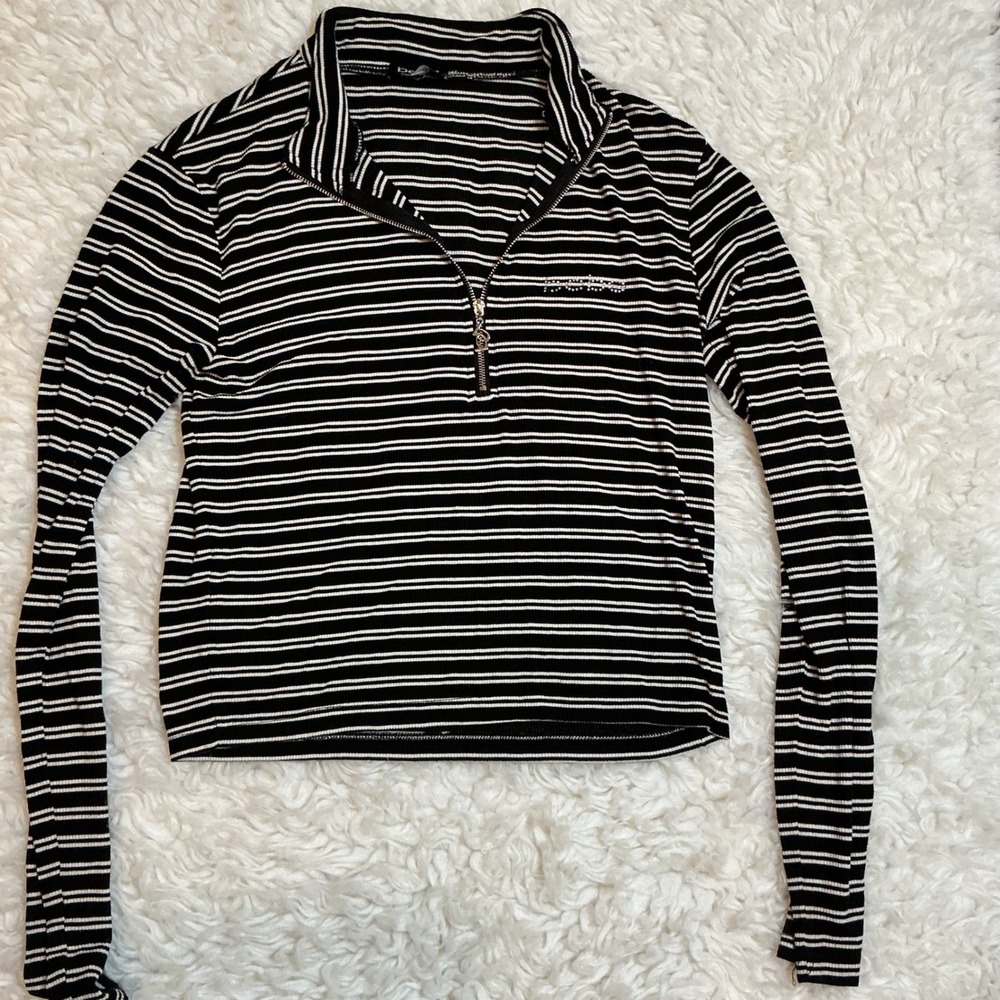 Bebe Black White Striped Quarter Zip Rhinestone Logo Long Sleeve Ribbed Top‎ M